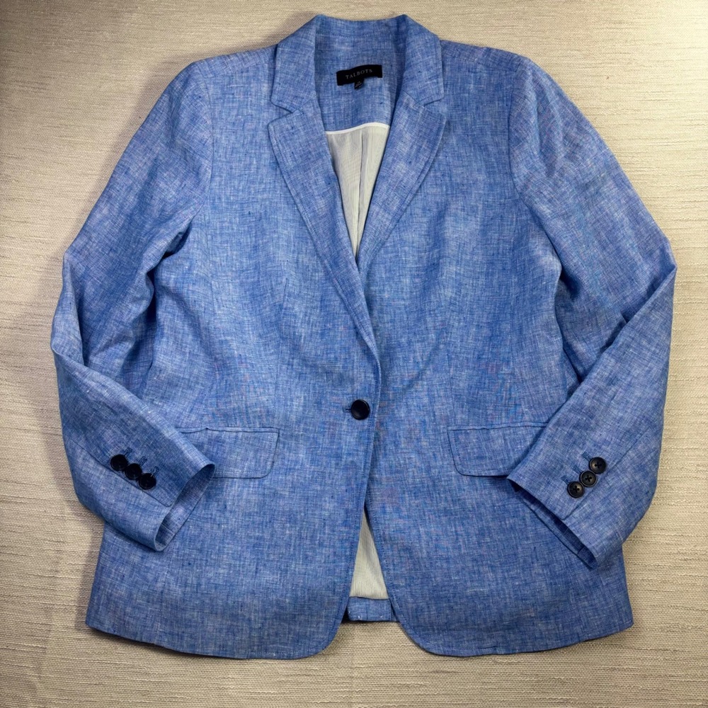 Talbots Womens Blue 100% Linen Single Button Blazer Jacket Size 14 PH5633